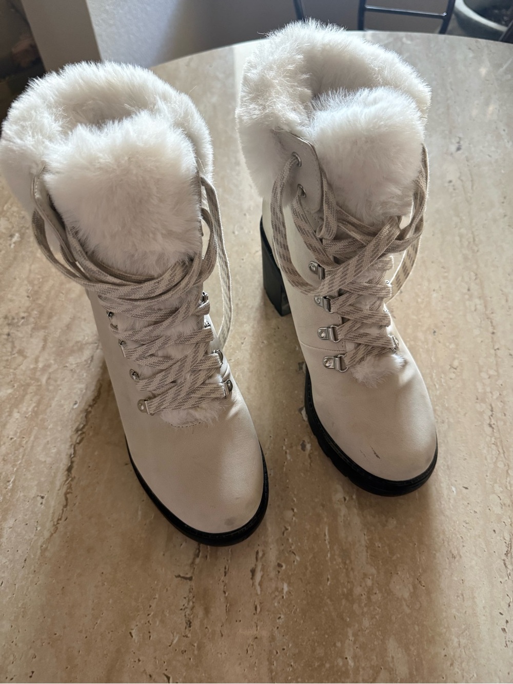 Esprit Cream Lace-Up Faux Fur Lug Heel Boots